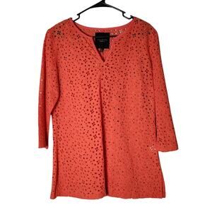 Talbots Orange Eyelet Blouse Tunic Size 12 Cotton 3/4 Sleeve V-Neck